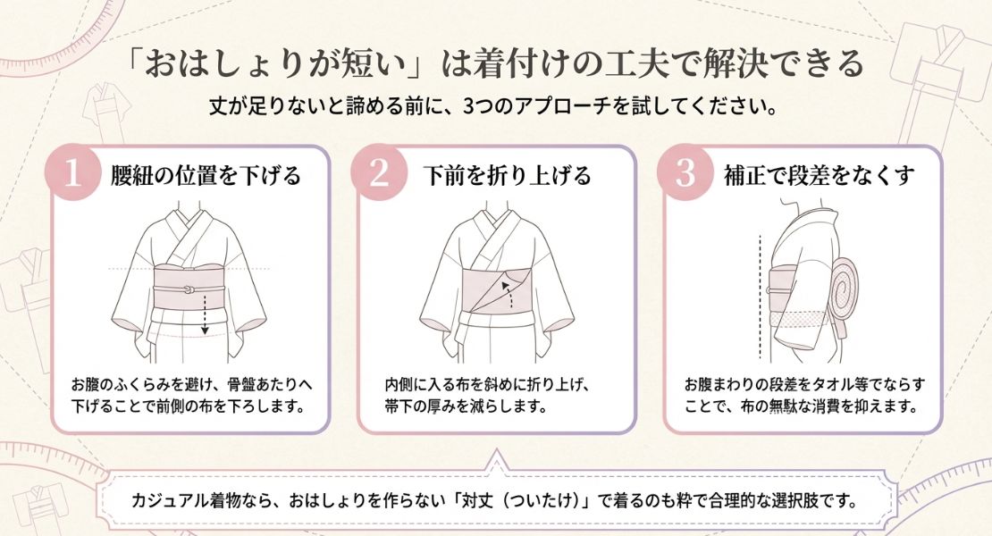 腰紐の位置を下げる、下前を折り上げる、タオルで補正して段差をなくすという、おはしょりを長く見せるための3つの工夫。