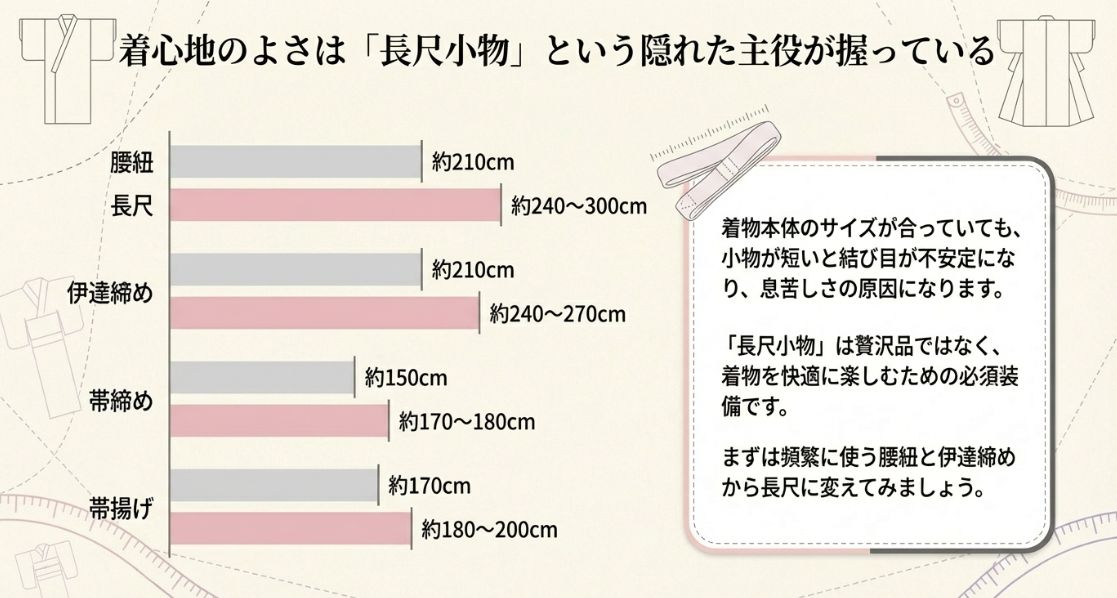 腰紐、伊達締め、帯締め、帯揚げの標準的な長さと、長尺（Lサイズ）の長さの目安を比較した表。