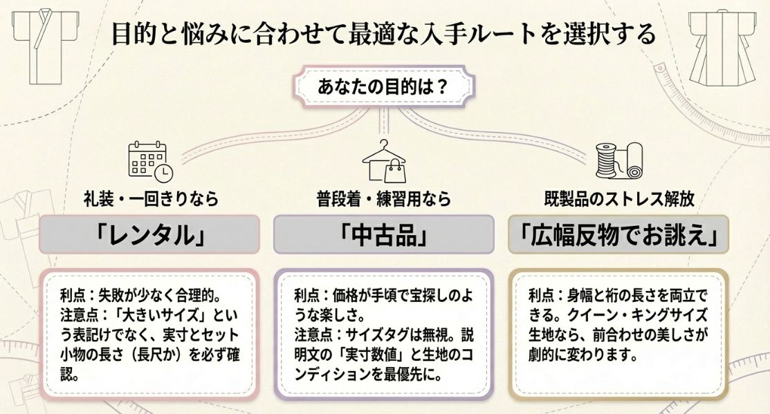 礼装ならレンタル、練習用なら中古、ストレス解放なら広幅反物でお誂えといった、目的に合わせた購入先の選び方。
