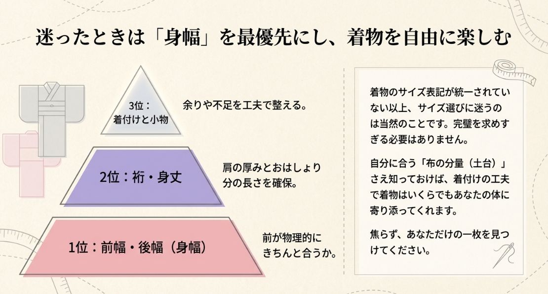 1位に身幅（前が合うか）、2位に裄・身丈、3位に着付けと小物を配置した、サイズ選びで迷った時の優先順位図。