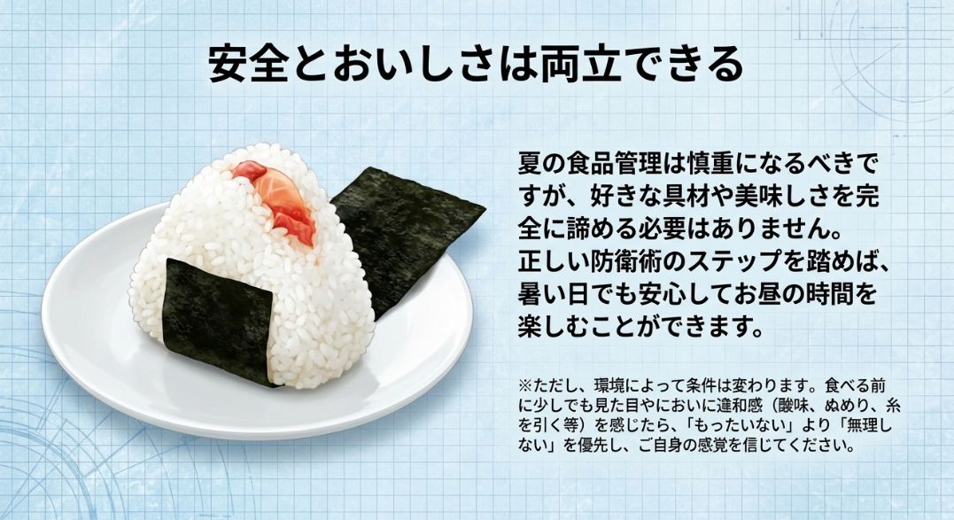 正しい防衛術で夏を楽しもうというメッセージと、違和感を感じたら無理をしないという注意書き。
