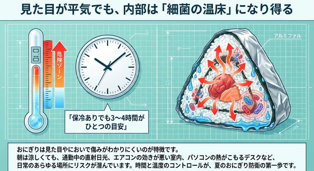 保冷ありでも3〜4時間が目安であることと、日光やPCの熱など日常に潜むリスク場所を示した図解。