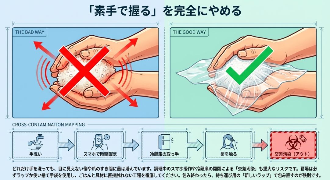 素手で握る「BAD WAY」とラップを使う「GOOD WAY」の比較、およびスマホや髪を触ることで菌が移る交差汚染のマップ。