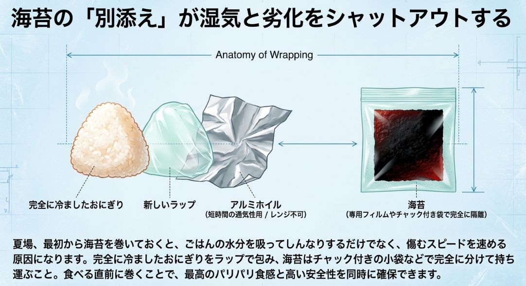 完全に冷めたおにぎり、新しいラップ、アルミホイル、そして別添えにする海苔のセット内容を示した図。