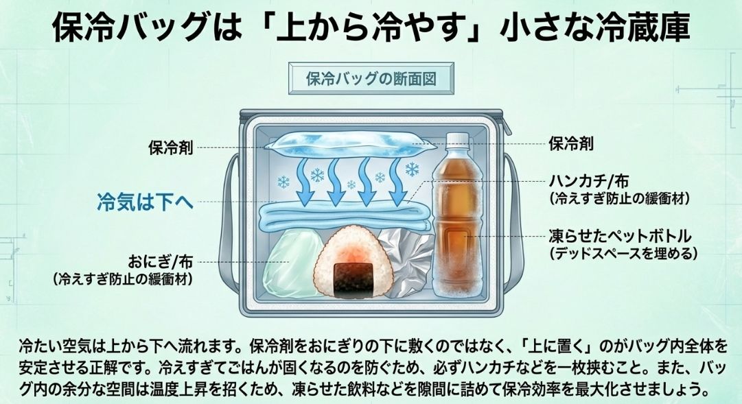 保冷剤を一番上に置き、冷気が下へ流れるように配置した保冷バッグの断面図。