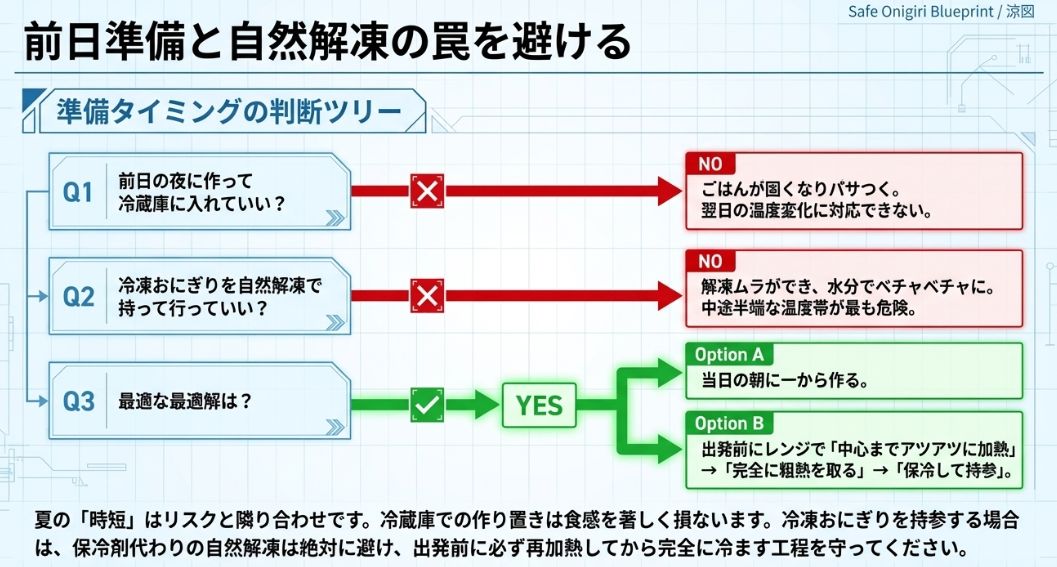 前日の夜に作るのはNG、冷凍の自然解凍もNGとし、当日の朝に作るか再加熱して冷ますかを推奨するフローチャート。