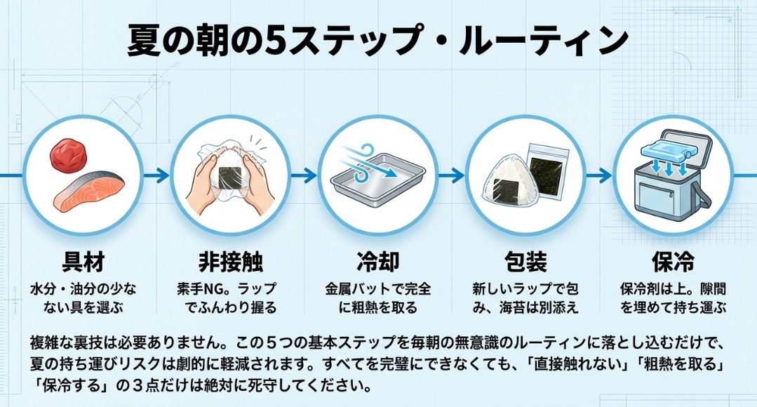 具材選び、非接触、冷却、包装、保冷の5つの工程をまとめたチェックリスト。