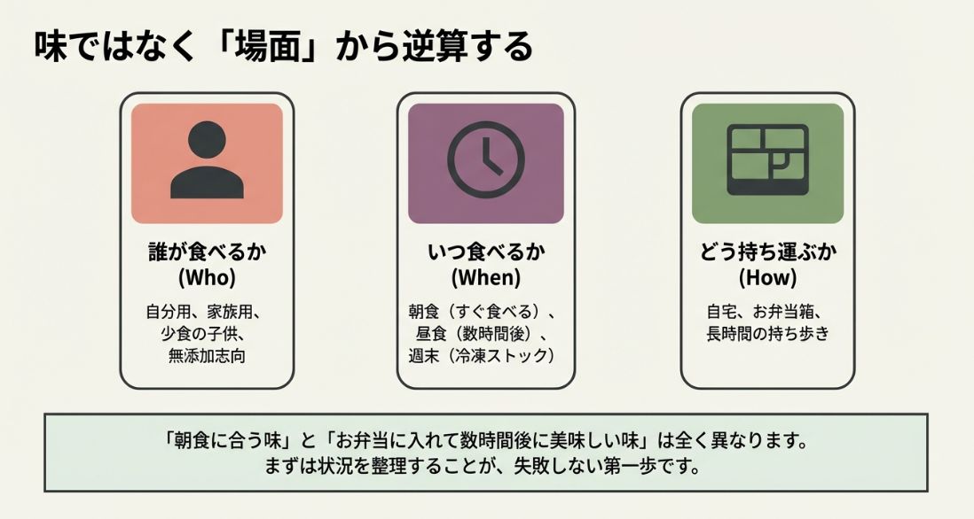 誰が(Who)、いつ(When)、どう持ち運ぶか(How)の3つの視点で、おにぎりふりかけを選ぶ状況を整理した図解スライド。