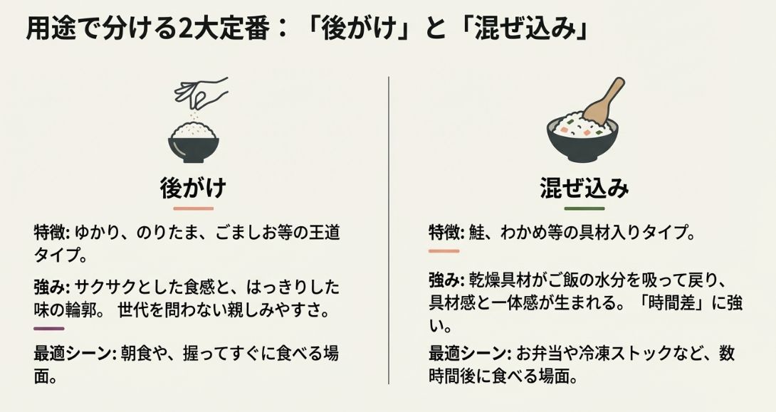 「後がけ」はサクサク食感で朝食向き、「混ぜ込み」は一体感がありお弁当向きといった、2大定番の特徴をまとめた比較スライド。