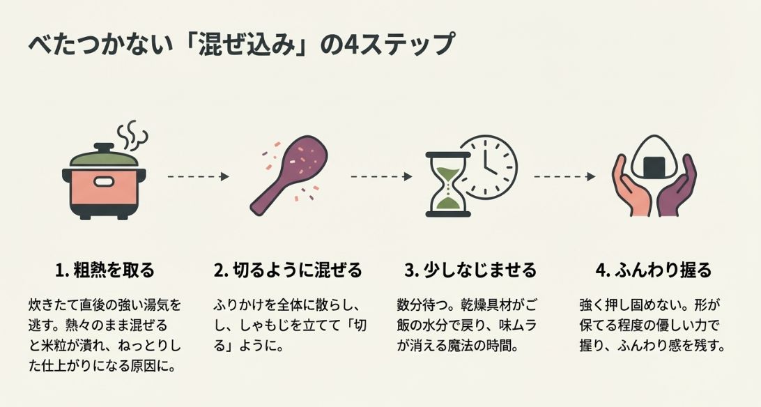 1.粗熱を取る、2.切るように混ぜる、3.なじませる、4.ふんわり握る、という手順をイラスト付きで解説したスライド。