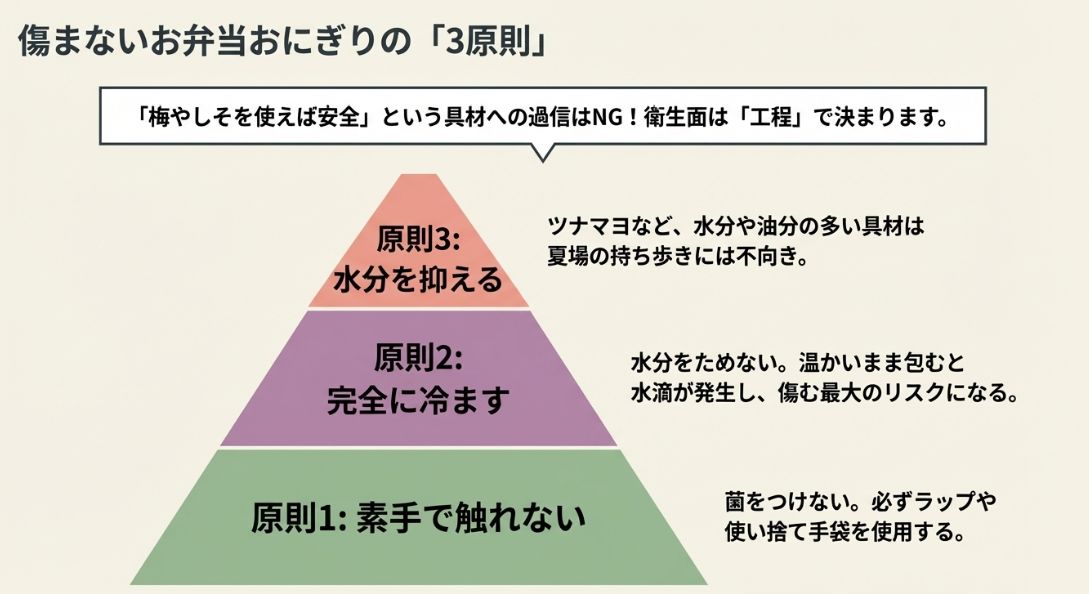 原則1.素手で触れない、原則2.完全に冷ます、原則3.水分を抑える、という食中毒予防の重要工程をまとめたスライド。