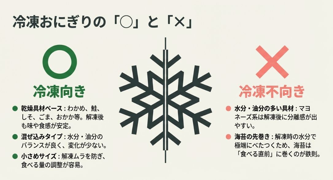 冷凍向きは乾燥具材や混ぜ込み、不向きはマヨネーズ系や海苔の先巻き、といった冷凍のコツを解説したスライド。