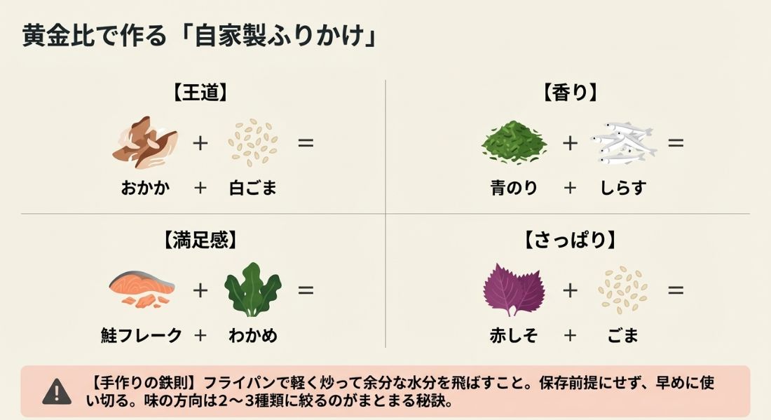 おかか＋白ごま、鮭＋わかめ等、4つの王道組み合わせと、水分を飛ばすといった手作りの鉄則を書いたスライド。