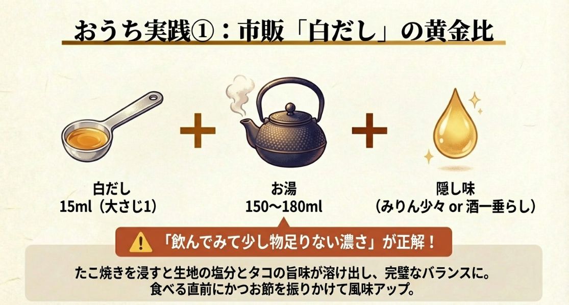  白だし15mlとお湯 $150 \sim 180ml$ に、隠し味のみりんを加える黄金比の解説図 。