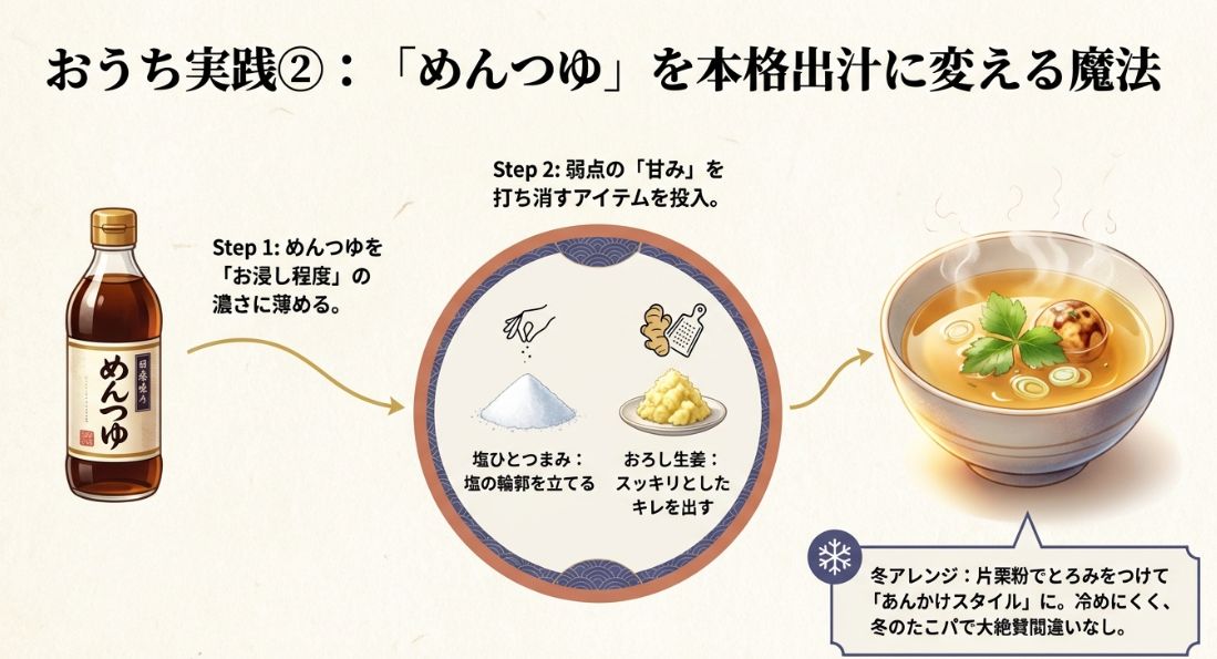 めんつゆに塩ひとつまみとおろし生姜を加えて味を整える手順と、冬のあんかけアレンジの紹介 。