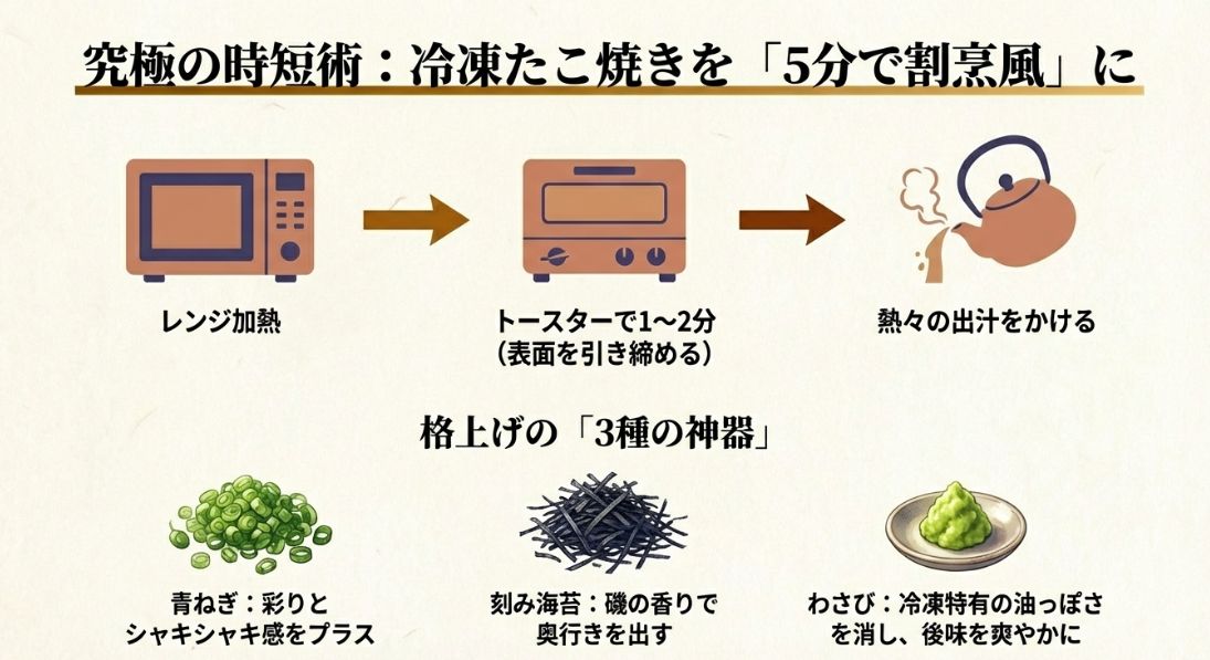 レンジとトースターを使った加熱法と、青ねぎ・刻み海苔・わさびの3種のトッピングの紹介 。