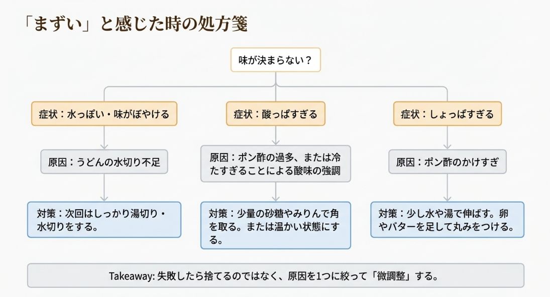 「水っぽい」「酸やすぎる」「しょっぱすぎる」という3つの症状に対し、それぞれの原因と解決策(水切り、砂糖や油分での調整など)を示すフローチャート。