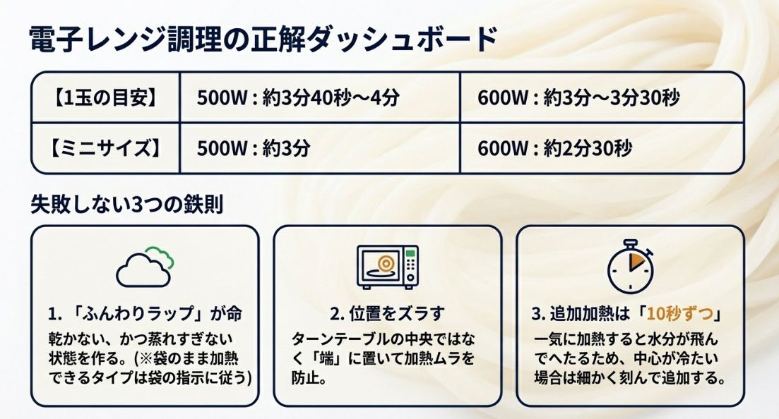 500W・600Wの加熱時間目安と、ラップの仕方や配置のコツなど、失敗しないための3つの鉄則。