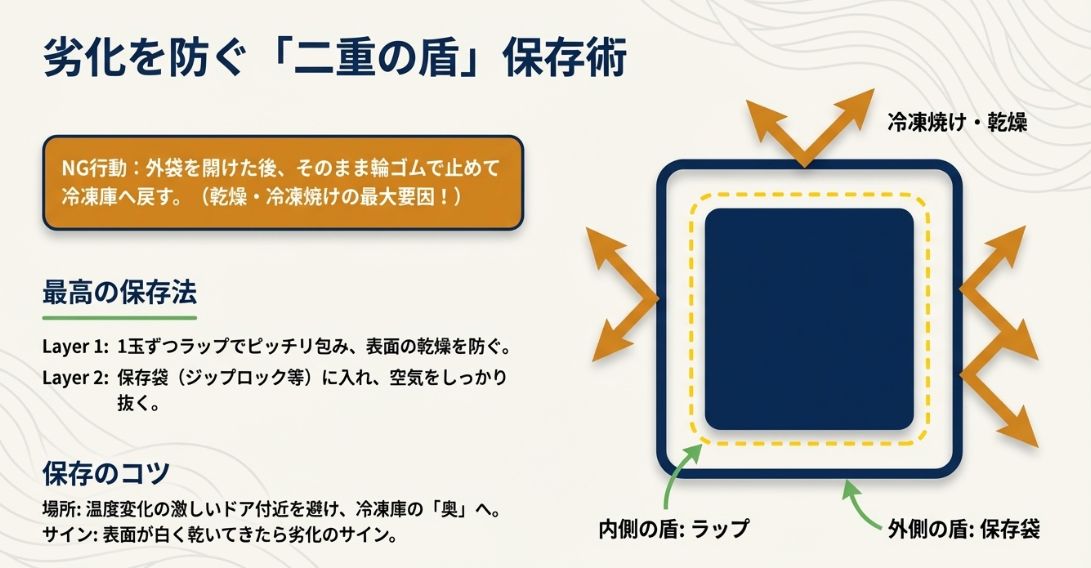 ラップと保存袋の二重構造で乾燥と冷凍焼けを防ぎ、茹でたての味をキープする保存方法の図解。