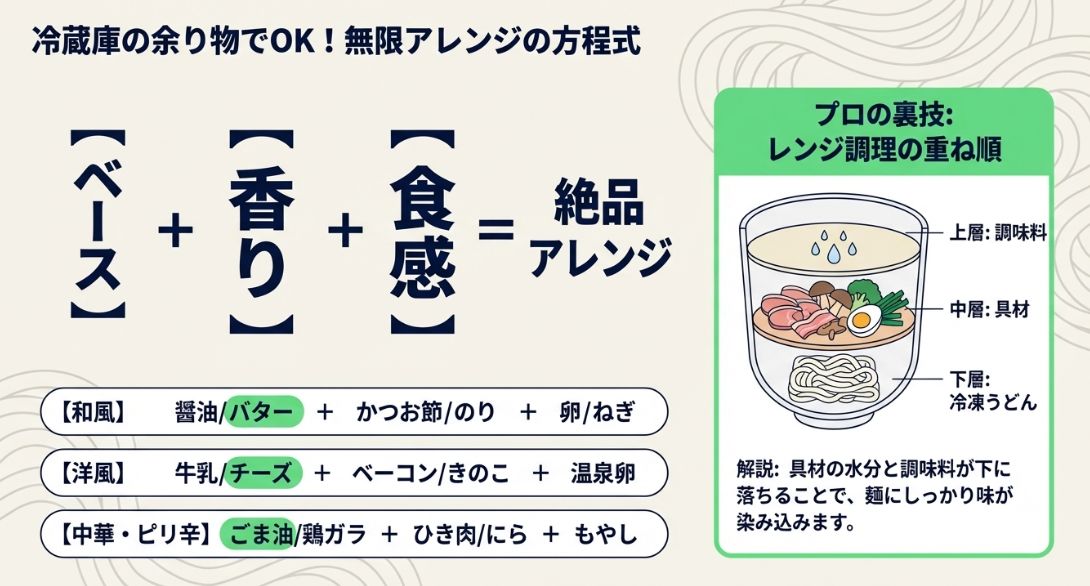 ベース・香り・食感を組み合わせるアレンジの考え方と、味が染み込みやすくなる具材の重ね順。