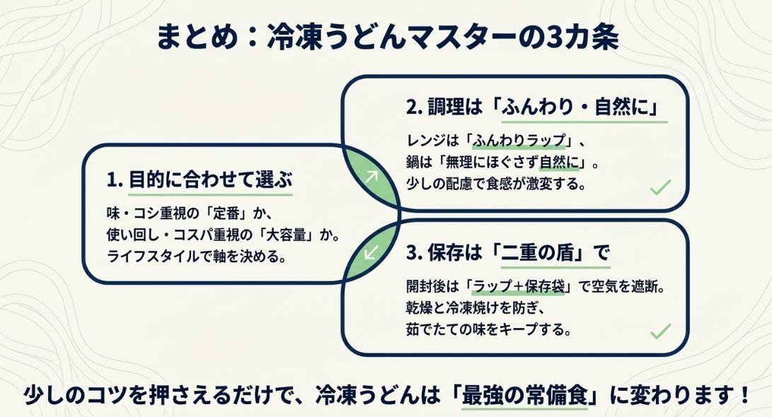 選び方・調理法・保存法の重要ポイントをまとめた冷凍うどん活用の総括。