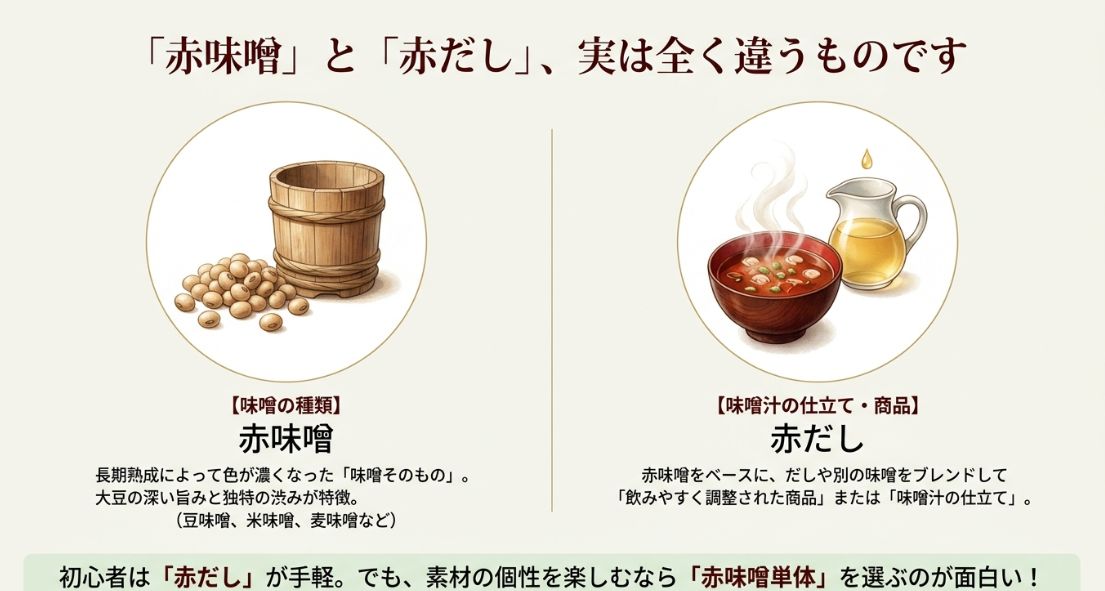 赤味噌は長期熟成された味噌そのものを指し 、赤だしは赤味噌にだしや他の味噌をブレンドして調整した商品や仕立てを指す ことを説明する比較図。