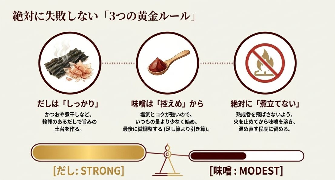 だしをしっかり効かせ 、味噌は控えめに入れ 、最後に煮立てない という、赤味噌の風味を活かすための調理の基本。