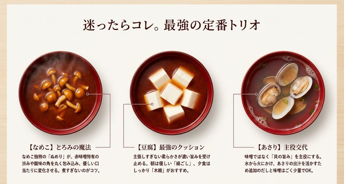 なめこのとろみ 、豆腐のクッション効果 、あさりの旨み という、特におすすめな定番具材3種の特徴解説。