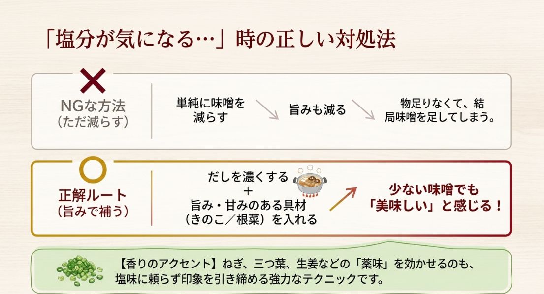 単純に味噌を減らすNG例に対し 、だしを濃くして具材の旨みで補う正解ルート を示した図解。