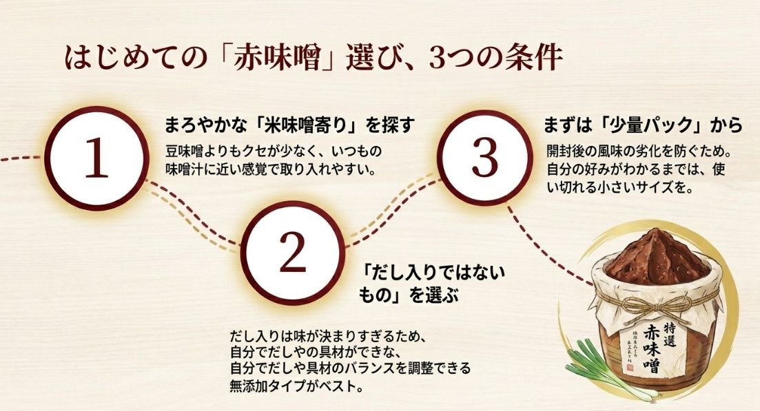 まろやかな米味噌寄り 、だし入りではない無添加タイプ 、劣化を防ぐ少量パック という選び方のポイント。