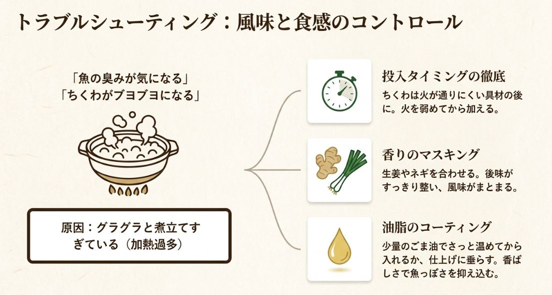 魚の臭み対策（生姜・ネギ・ごま油）と、ちくわがブヨブヨになるのを防ぐ加熱のコツをまとめた図解。