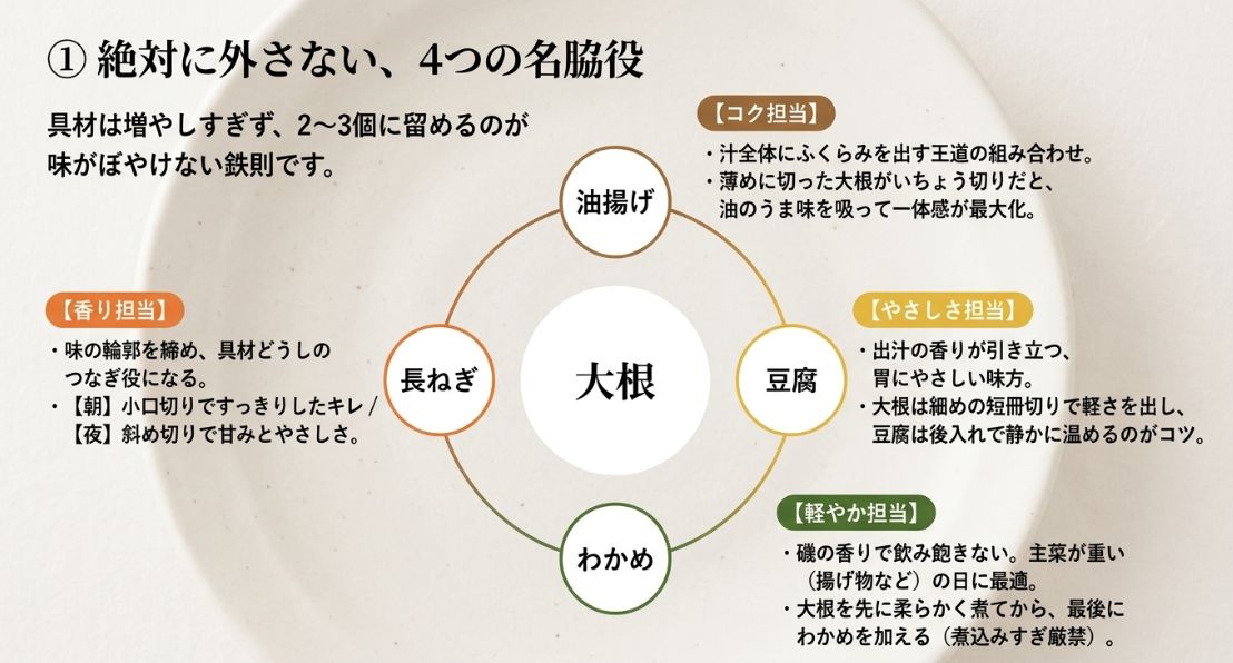 油揚げ、長ねぎ、豆腐、わかめの4つの具材を「コク・香り・やさしさ・軽やか」の役割別に解説した図解。