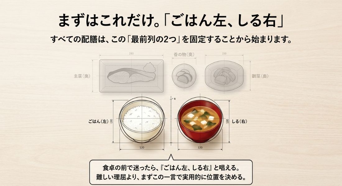 ご飯茶碗を左手前、汁椀を右手前に配置した、和食の最も基本的な配膳レイアウト図