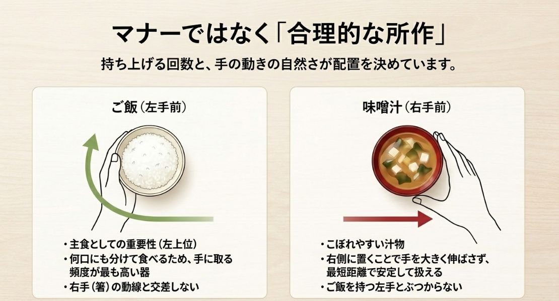 左手でご飯を持ち上げ、右手で汁物を扱う際の動線を示した、食べやすさに基づく配置の解説図