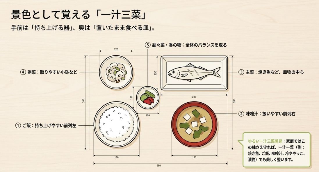 前列に持ち上げる器、後列に置いたまま食べる皿を並べた、一汁三菜の理想的な配置イメージ図