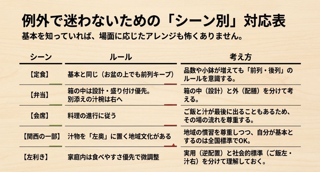 弁当の設計優先ルールや関西の地域文化など、場面ごとの配膳の考え方をまとめた比較表