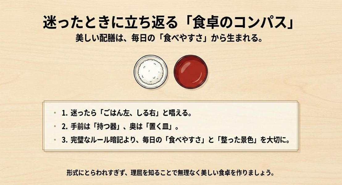 迷ったら「ごはん左、しる右」と唱えることなど、配膳の重要ポイントを3つにまとめたスライド画像