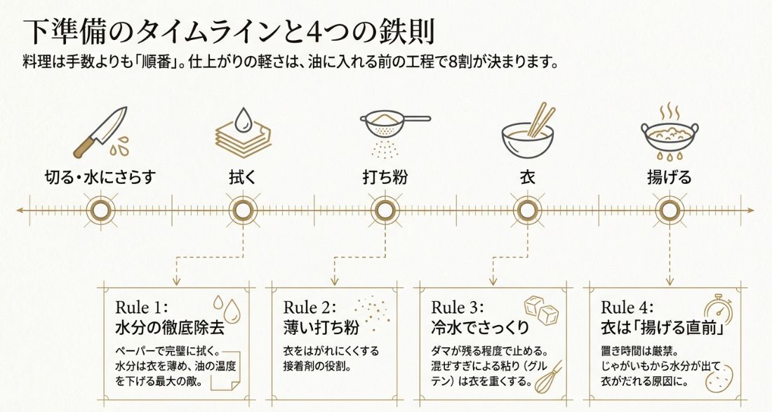 揚げるまでの工程（切る・拭く・打ち粉・衣）と、水分除去・冷水使用などの4つの重要ルールをまとめた図解。