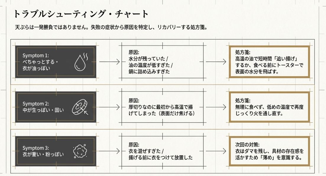 べちゃっとする、中が生っぽい、衣が重いといった失敗の原因と、追い揚げやトースターによるリカバリー方法。