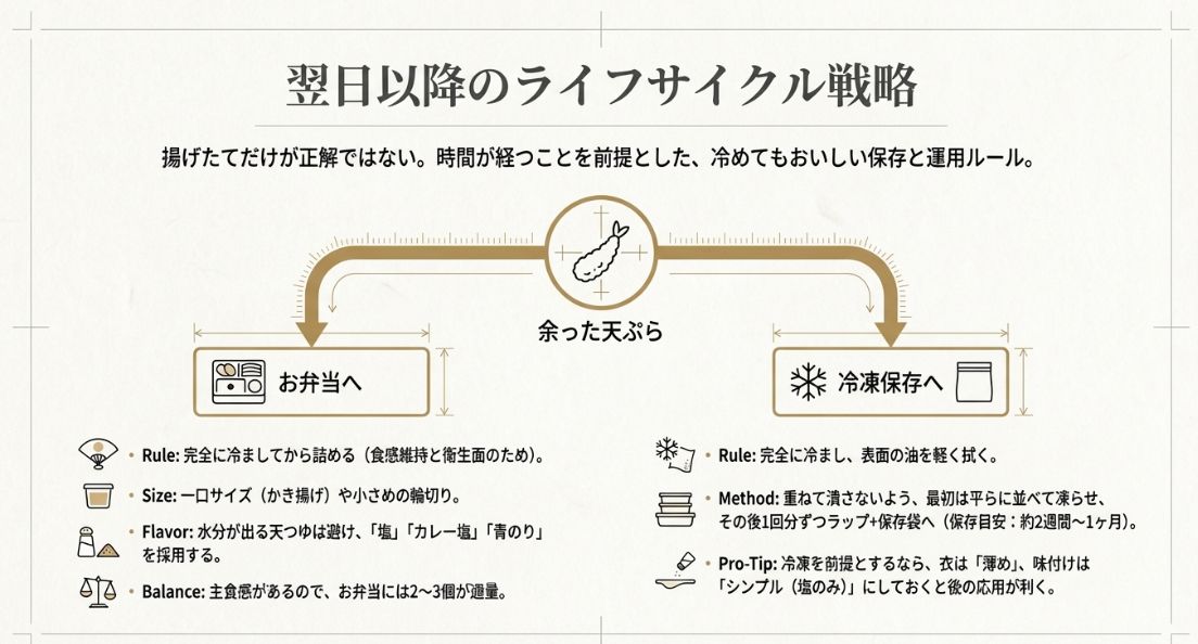 余った天ぷらをお弁当に入れる際、または冷凍保存する際の手順と、美味しさを保つためのルール。