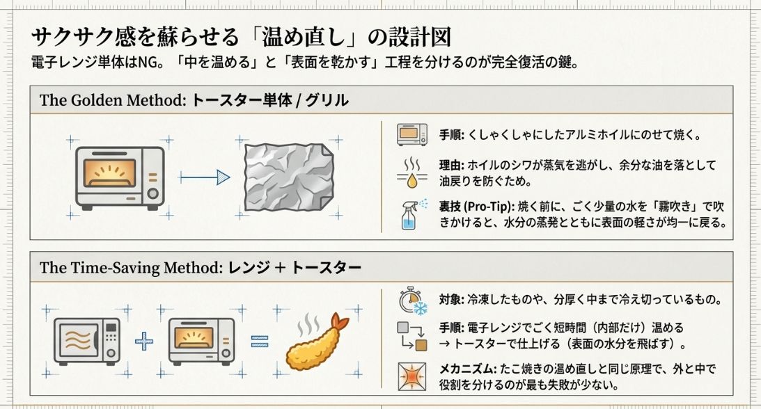 トースターやレンジを活用した、衣の水分を飛ばして食感を復活させる2つの温め直しメソッド。