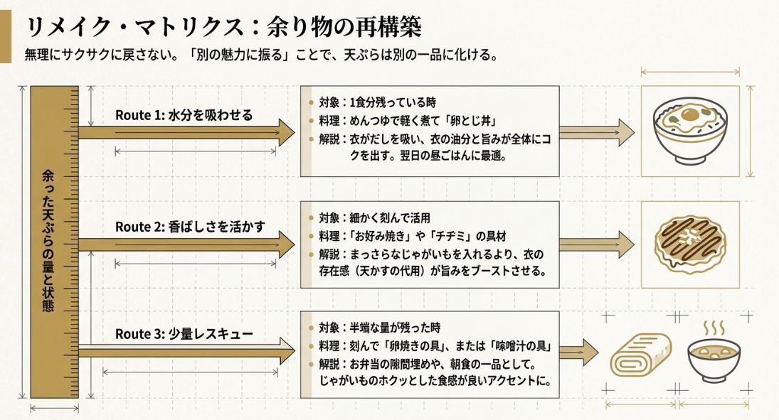 卵とじ丼（Route 1）、お好み焼き具材（Route 2）、味噌汁や卵焼き（Route 3）など、残った量に合わせた活用法。