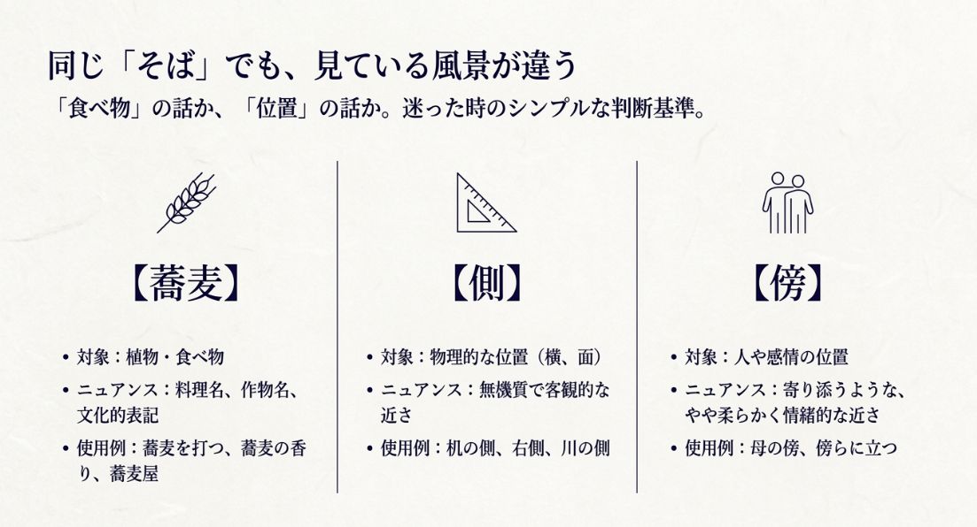 食べ物を指す「蕎麦」、物理的な位置を指す「側」、情緒的な近さを指す「傍」の3つの漢字の違いを、対象・ニュアンス・使用例でまとめた比較図。