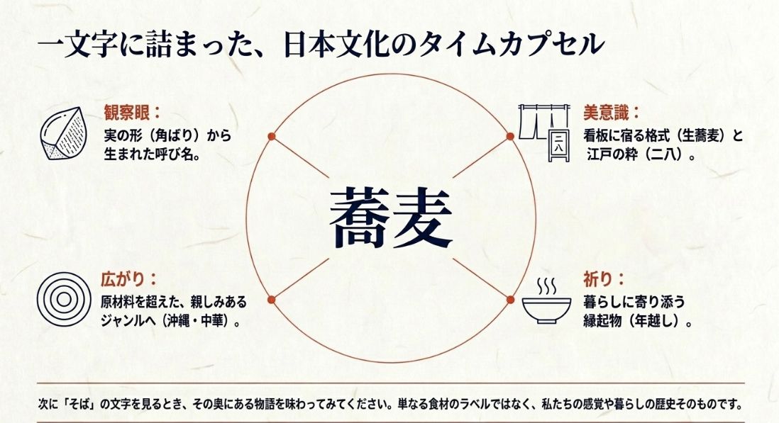 観察眼、広がり、美意識、祈りという4つの視点で、蕎麦にまつわる言葉と文化を総括したまとめのスライド。