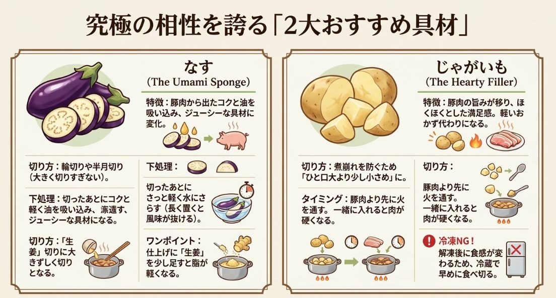 なすとじゃがいものイラスト。なすは油を吸うジューシーな具材、じゃがいもは満足感のある具材として、それぞれの切り方や調理のポイントを解説しています。