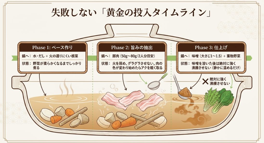 調理工程を3つのフェーズ（1.ベース作り、2.旨みの抽出、3.仕上げ）に分け、それぞれの火加減や投入するタイミングを図解したスライド。
