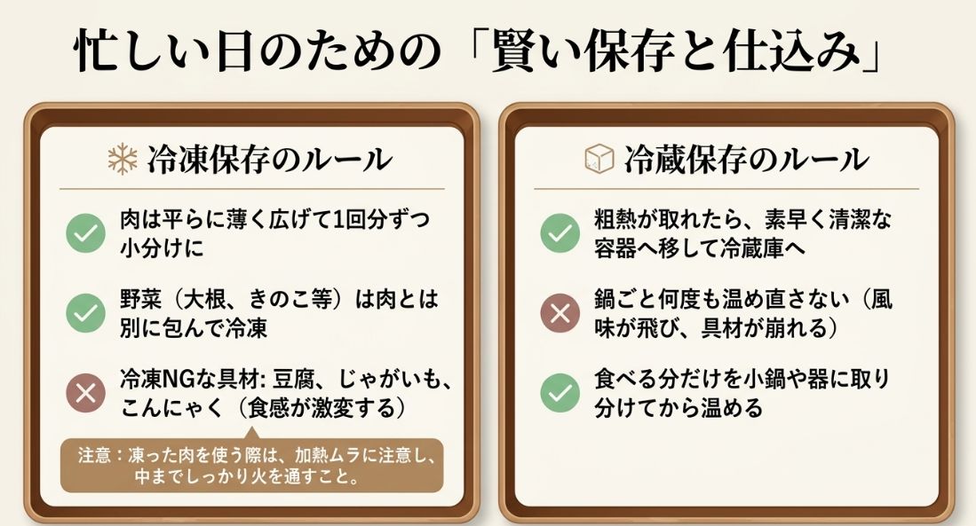 冷凍保存（小分け・野菜と分ける・冷凍NG具材）と、冷蔵保存（素早く冷やす・食べる分だけ温める）の注意点をまとめたスライド。