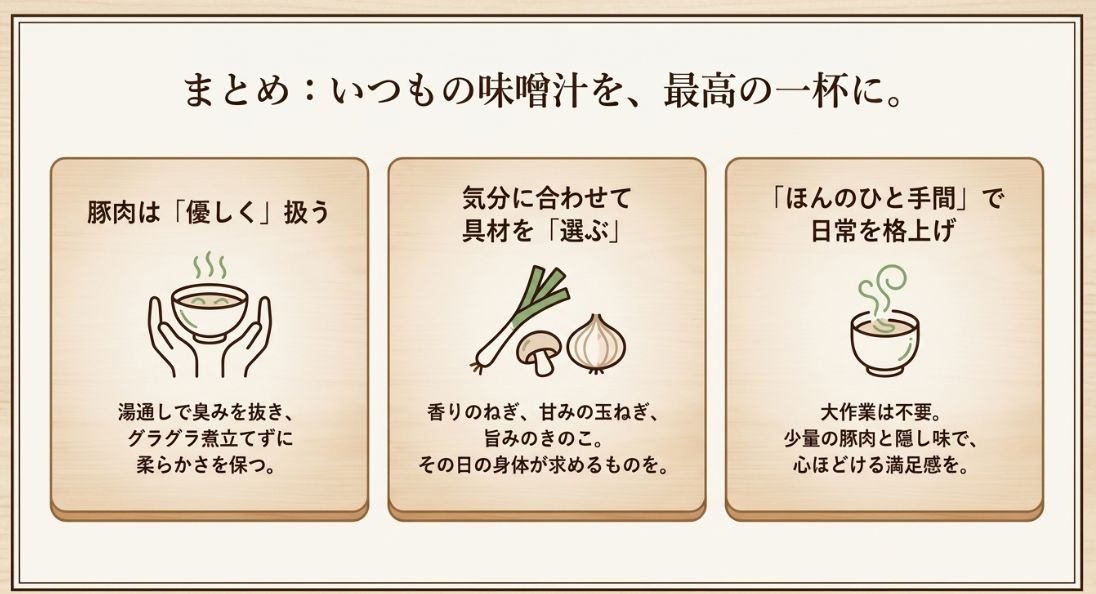 豚肉を優しく扱う、気分で具材を選ぶ、ひと手間で日常を格上げするという3つの重要ポイントをまとめた最終スライド。
