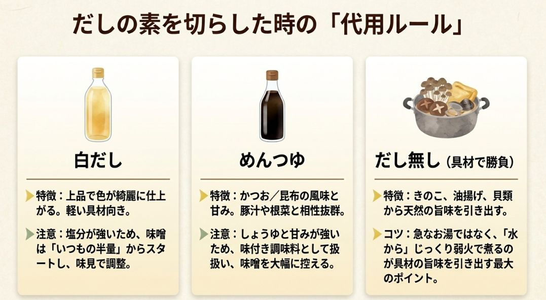 白だし、めんつゆ、または具材の旨味だけで作る方法をまとめた代用ガイドのスライド