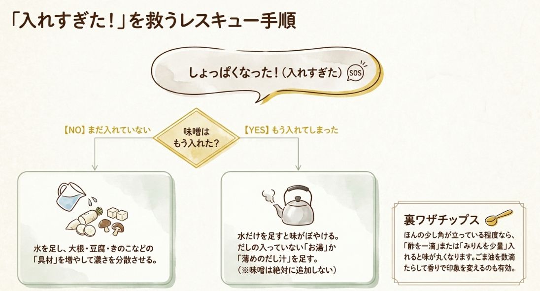 味噌をすでに入れたかどうかに分けて、しょっぱい味噌汁を薄める方法を解説したフローチャート形式のスライド